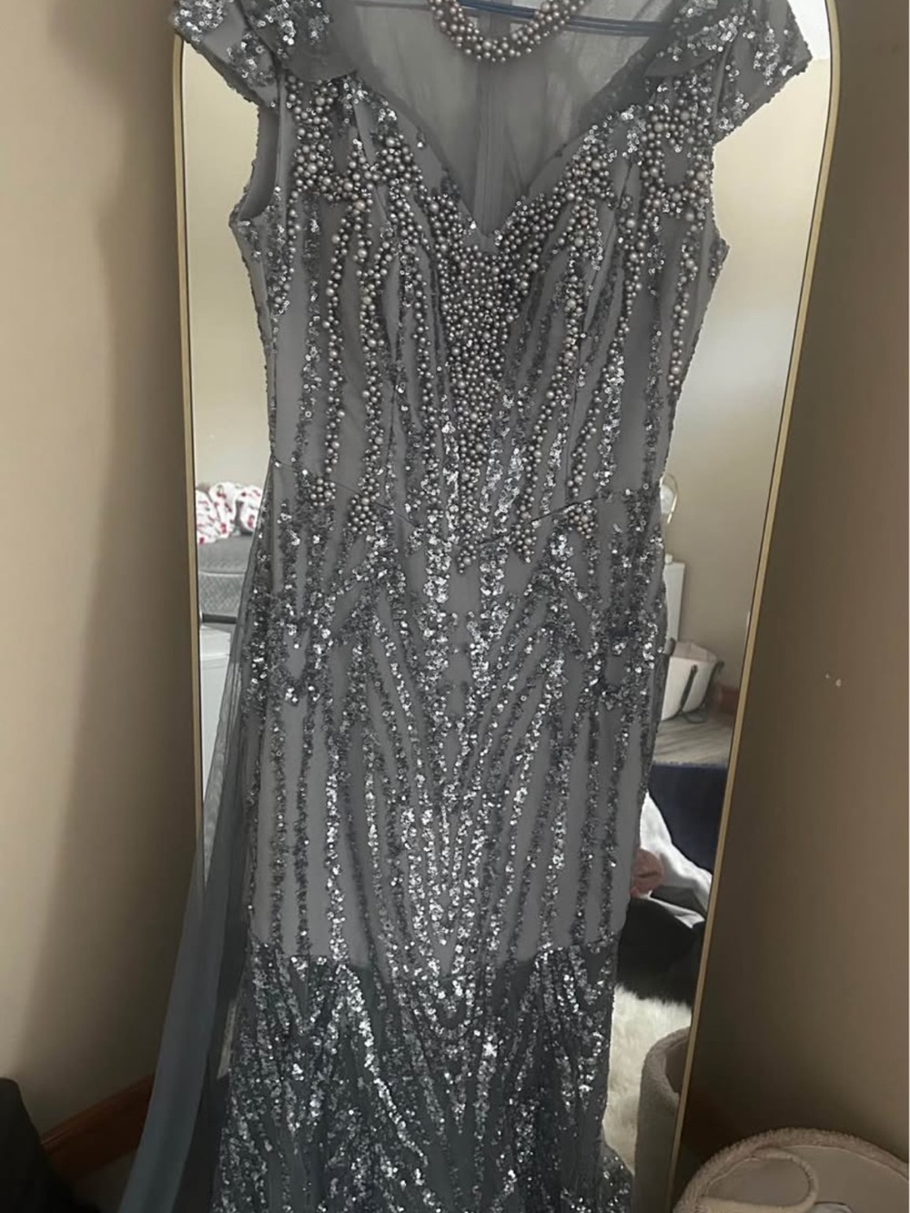 Elegant Gray Beaded Evening Dress